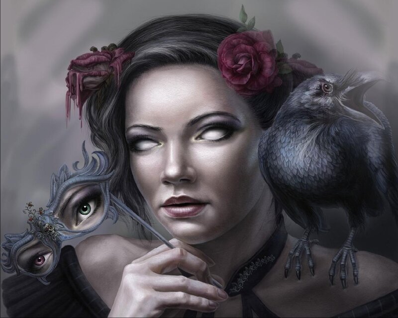 Woman with Crow and Mask