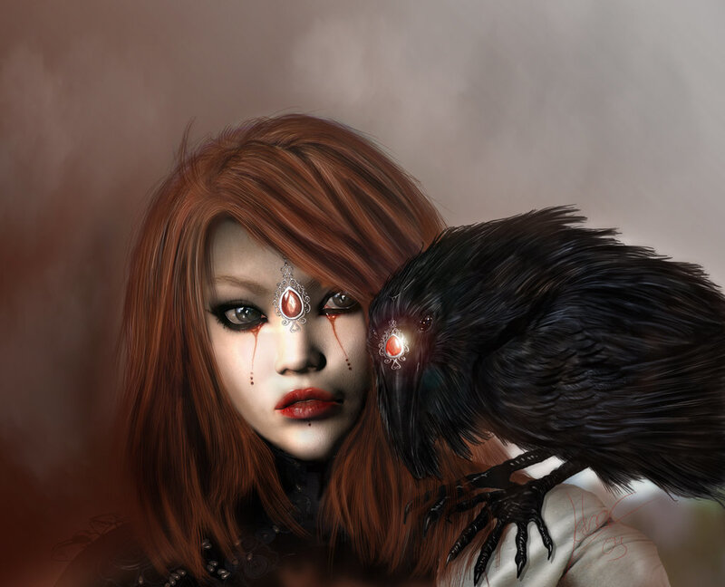 woman with crow and red tears