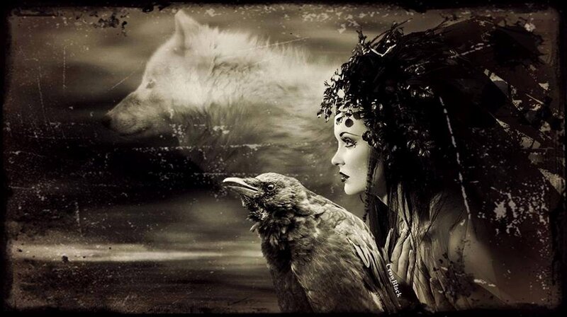 Woman with Crow and Wolf
