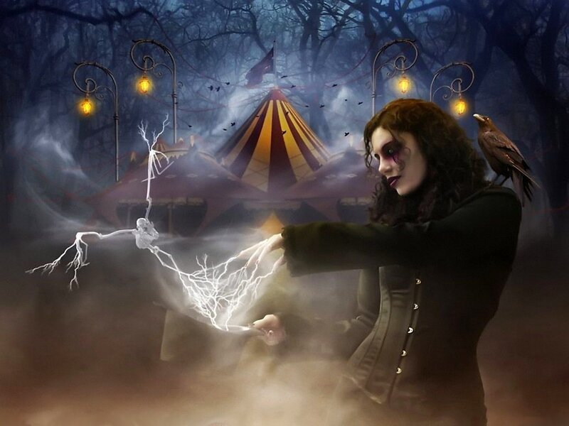 Woman with Crow — Black, Dark, Night, Digital Art, Carnival Tent