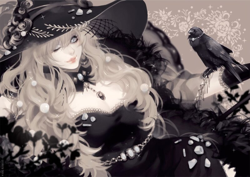 Woman with Crow — Black, Dramatic, Digital Art, Hat