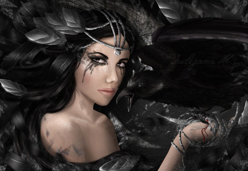 Woman with Crow — Black, Dramatic, Digital Art