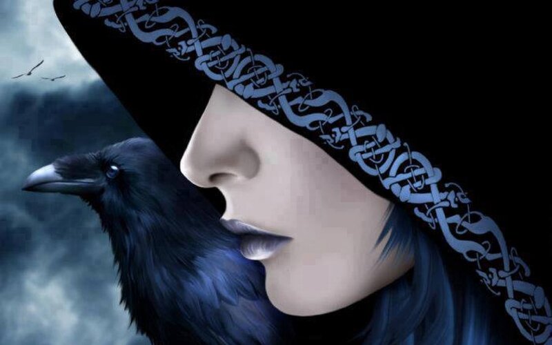 Woman with Crow — Black, Dramatic, Night, Digital Art, Hat