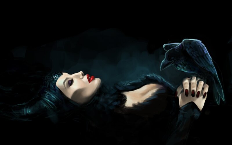 Woman with Crow — Black, Dramatic, Night, Digital Art, Red Lipstick