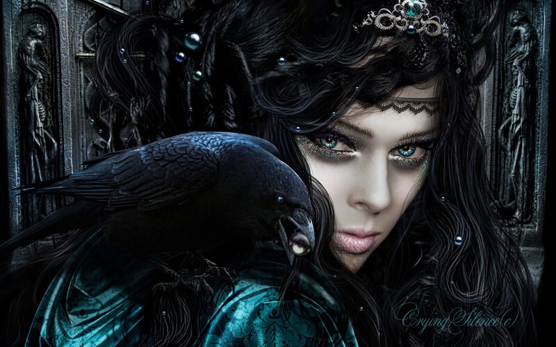 Woman with Crow — Black, Dramatic, Night, Digital Art, Tiara