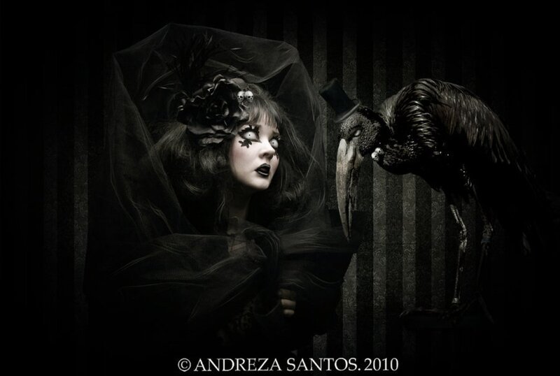 Woman with Crow — Black, Dramatic, Night, Photograph