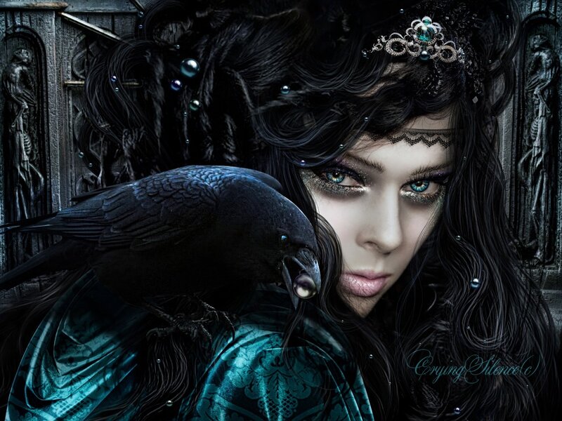 Woman with Crow — Black, Dramatic, Night