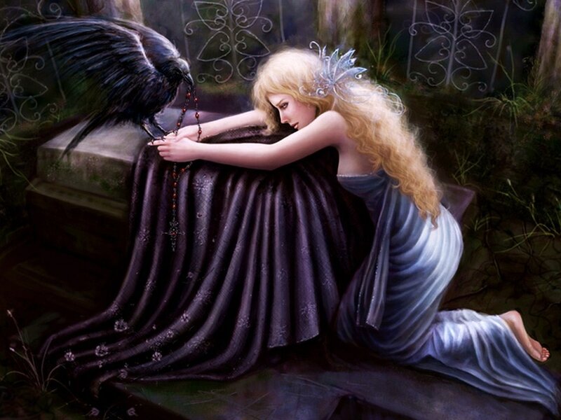 Woman with Crow — Black, Melancholic