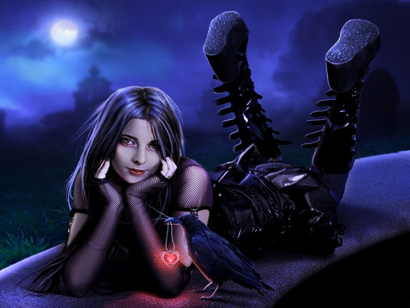 Woman with Crow — Blue, Dramatic
