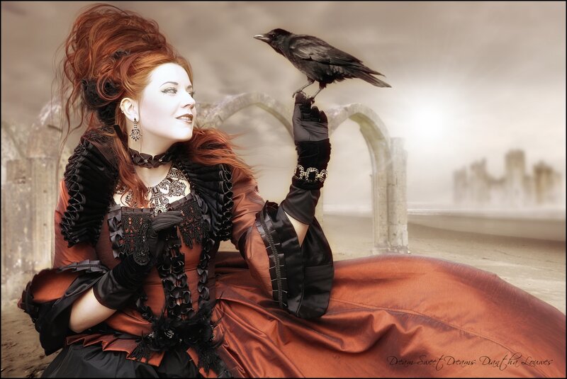 Woman with Crow — Brown, Dramatic, Digital Art, Castle Ruins