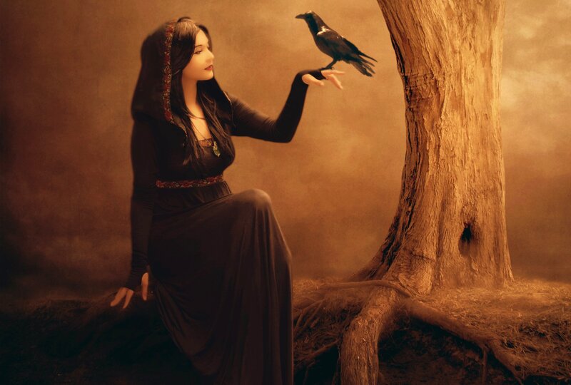 Woman with Crow — Brown, Dramatic, Digital Art, Tree