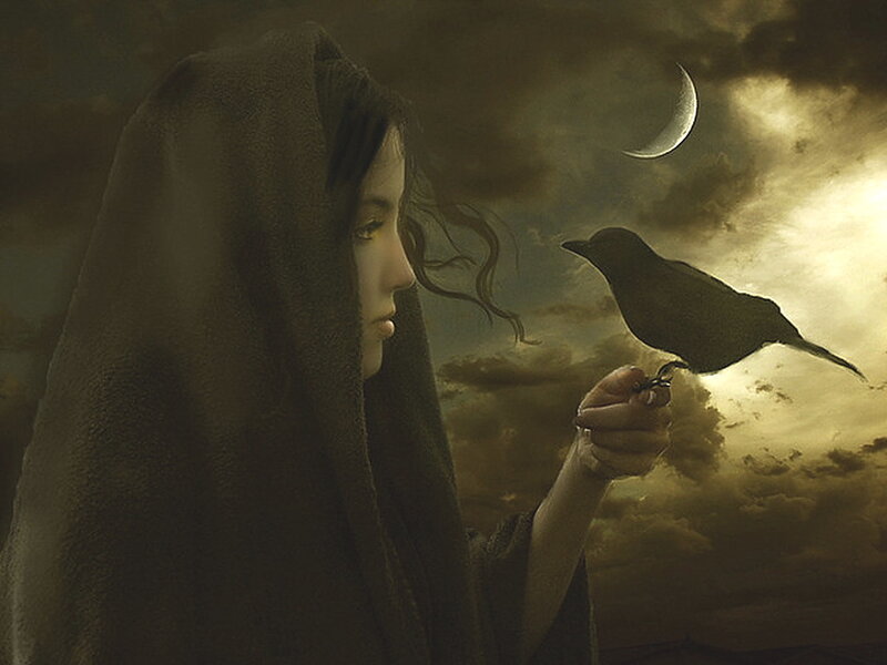 Woman with Crow — Brown, Dramatic, Night