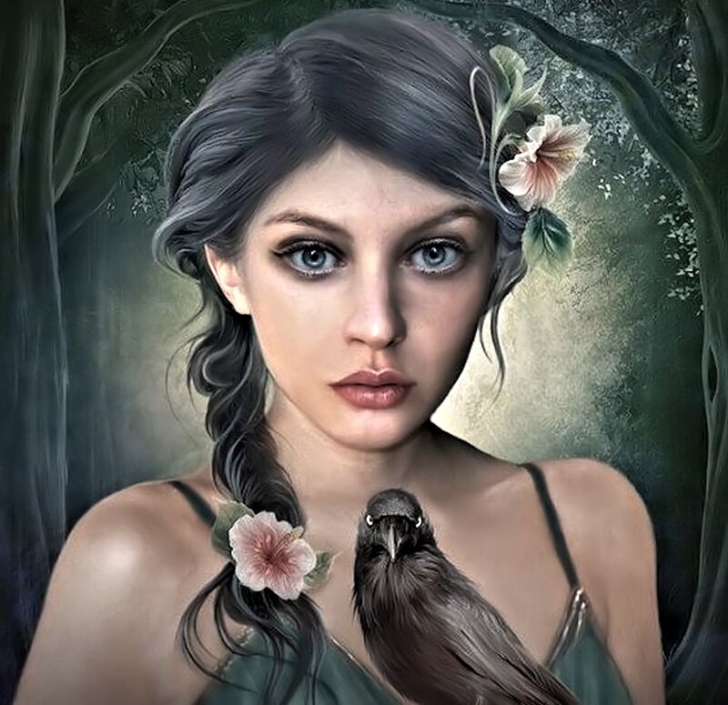 Woman with Crow — Green, Mysterious