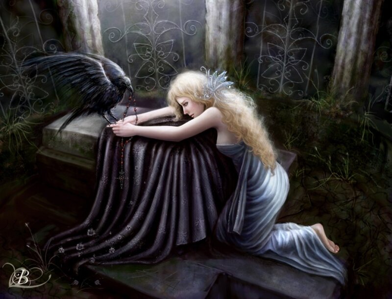 woman with crow in forest