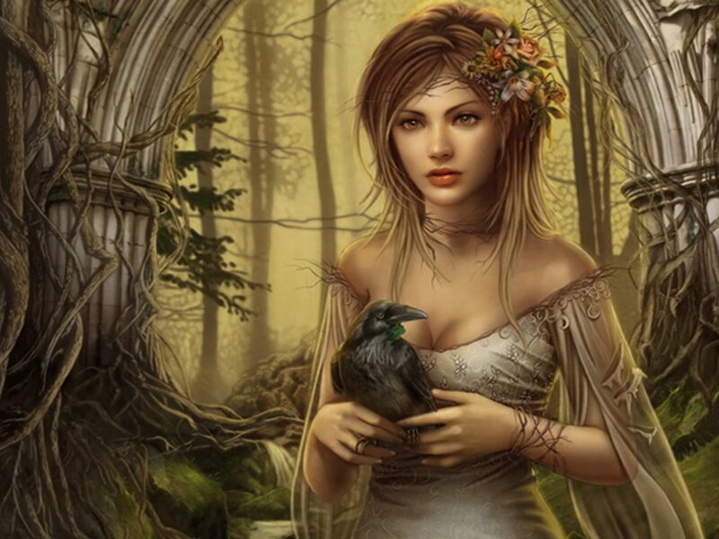woman with crow in forest