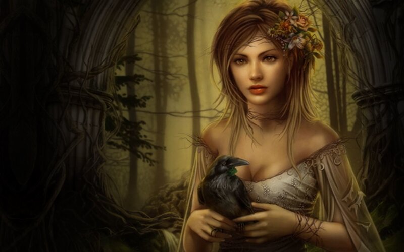 woman with crow in forest