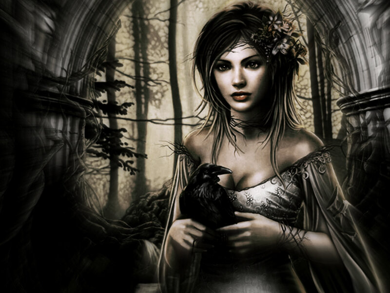 woman with crow in forest