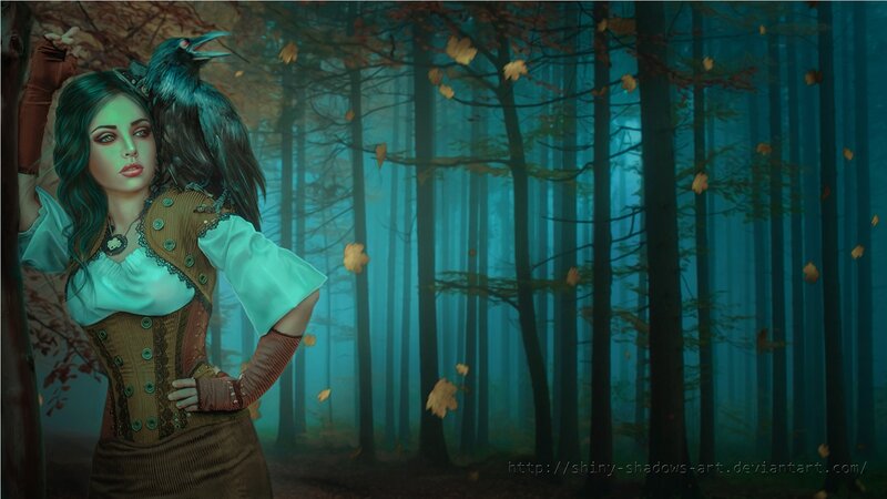 Woman with Crow in Forest — Blue, Mysterious