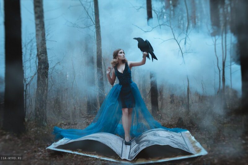 Woman with Crow in Forest — Blue, Mystical