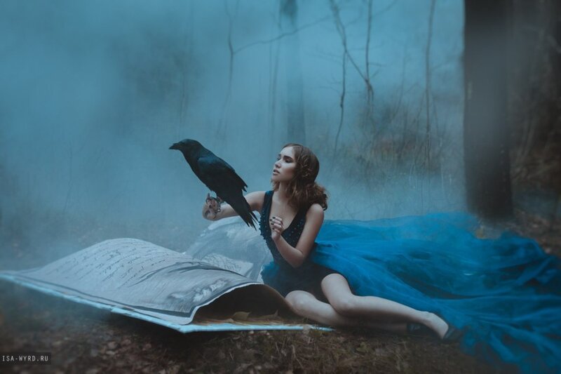 Woman with Crow in Forest — Blue