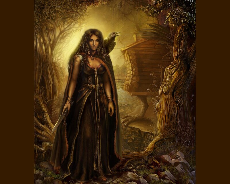 Woman with Crow in Forest — Brown, Dramatic