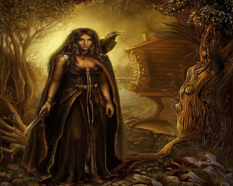 Woman with Crow in Forest — Brown