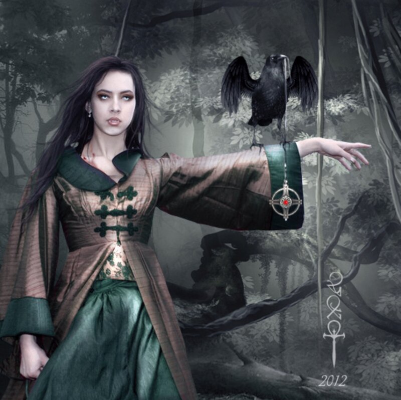 Woman with Crow in Forest — Green