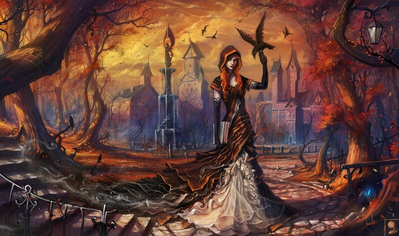 Woman with Crow in Forest — Orange