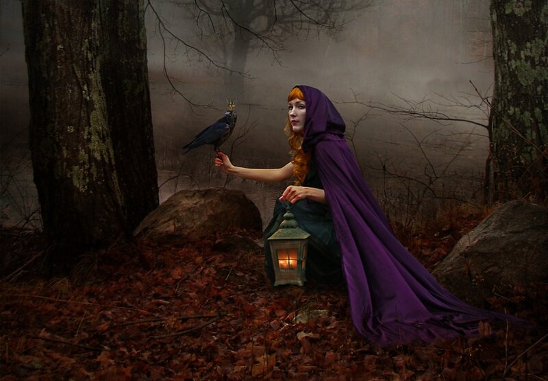 Woman with Crow in Forest — Purple