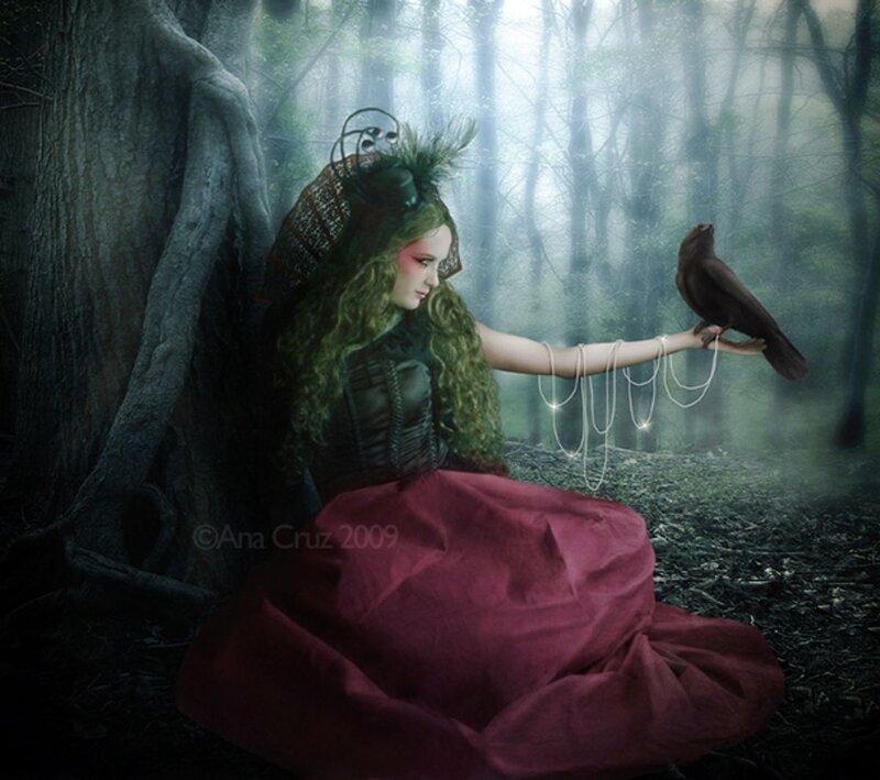 Woman with Crow in Forest — Red