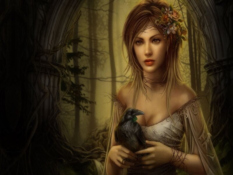 woman with crow in forest