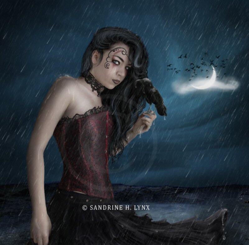 Woman with Crow in Rain