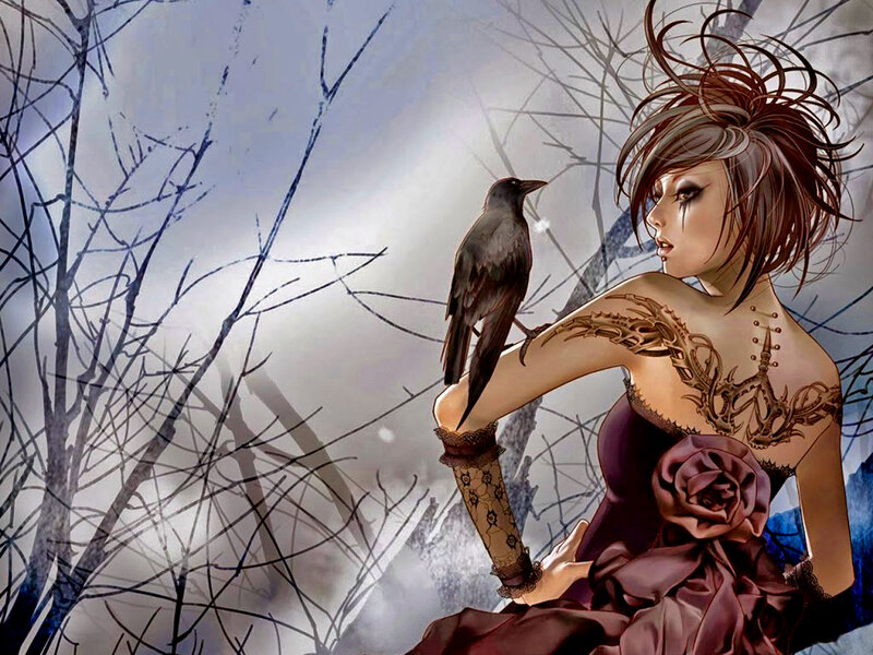 Woman with Crow on Arm — Purple, Dramatic, Winter
