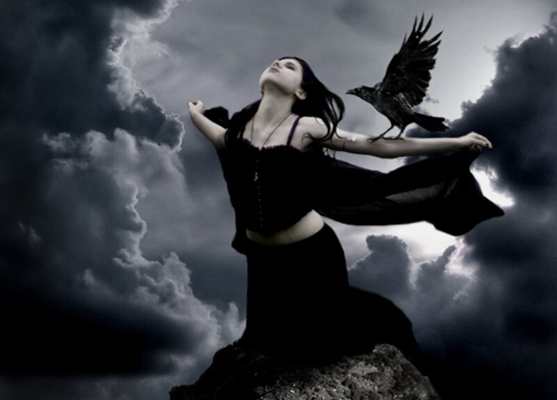 Woman with Crow on Rock