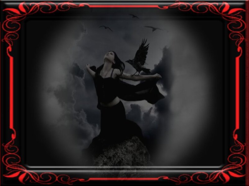 woman with crow on rocky cliff