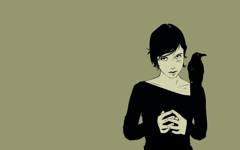 woman with crow on shoulder