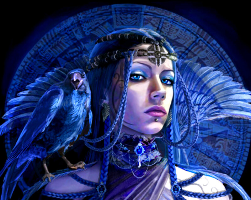 Woman with Crow on Shoulder — Blue, Dramatic, Digital Art