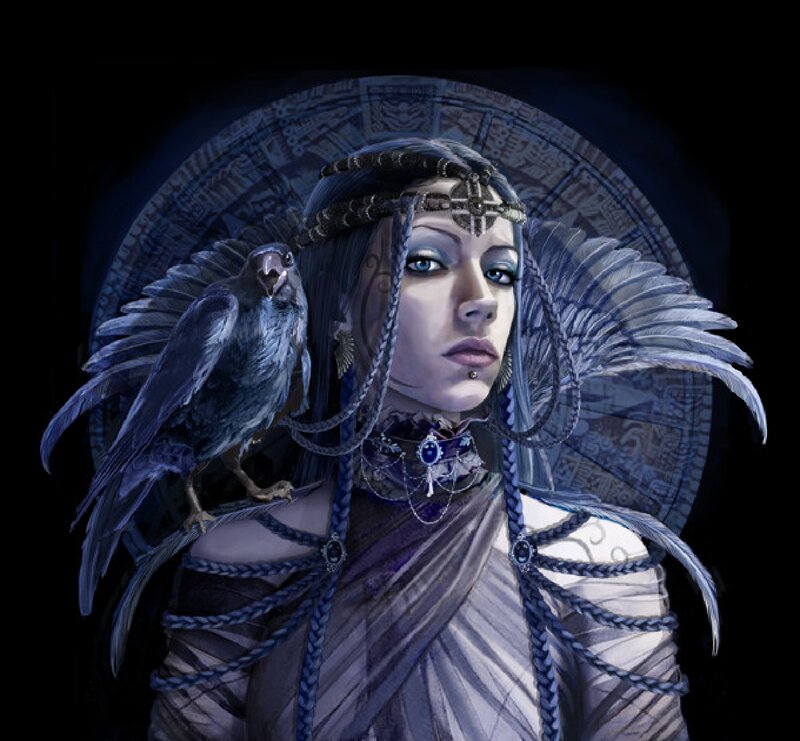 Woman with Crow on Shoulder — Blue, Dramatic, Night
