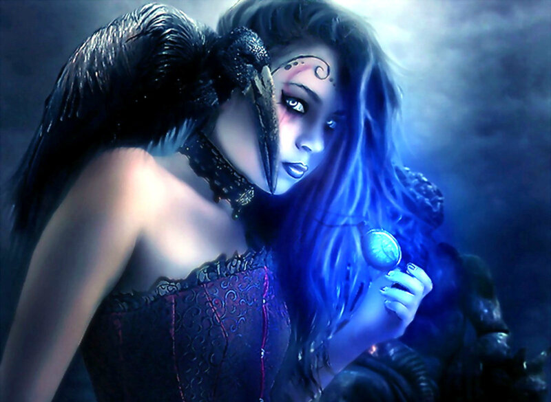 Woman with Crow on Shoulder — Blue