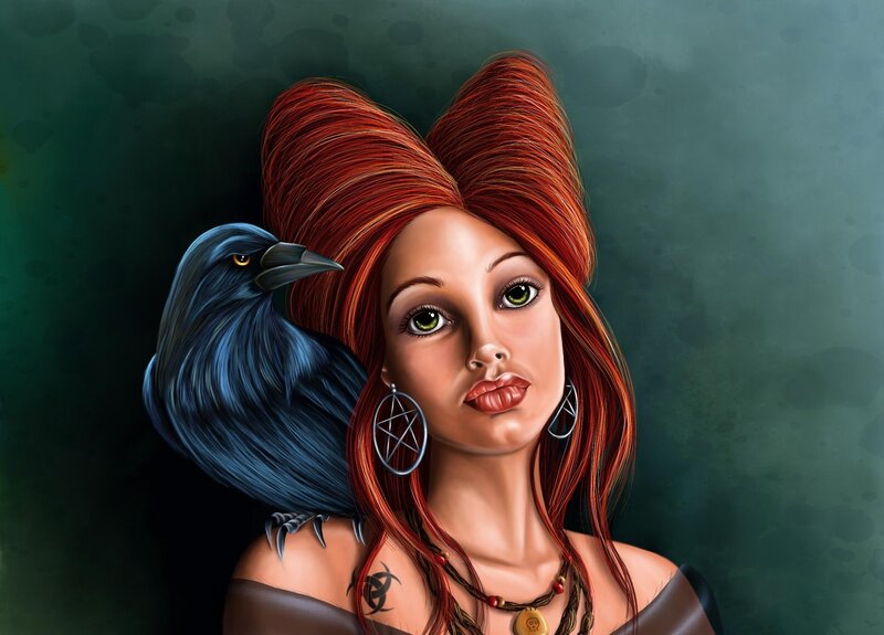 Woman with crow on shoulder