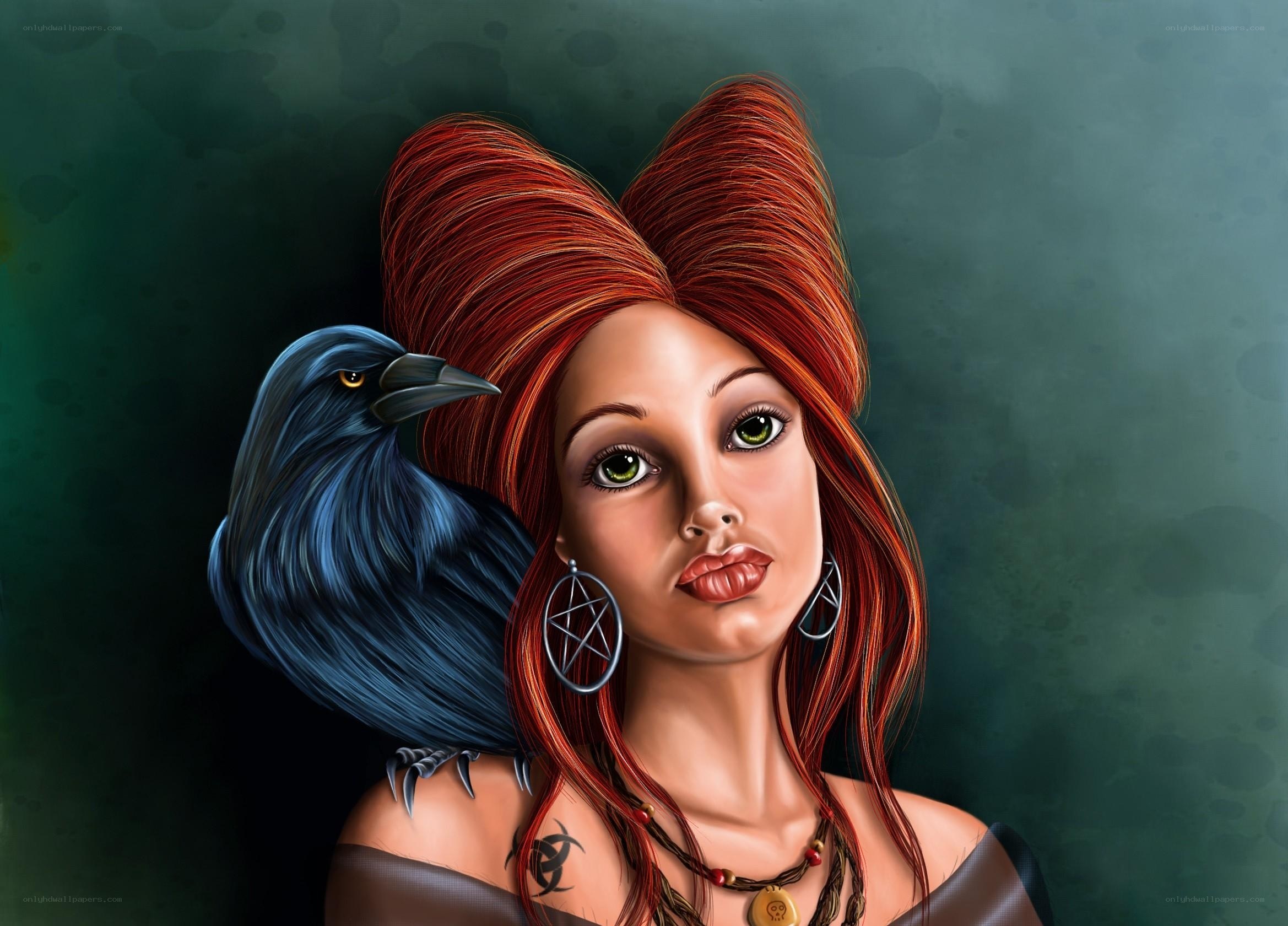 Woman with crow on shoulder