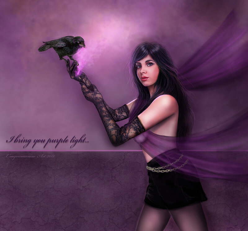 Woman with Crow — Purple, Dramatic, Digital Art