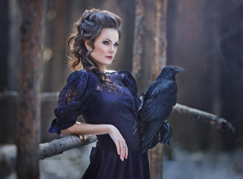 Woman with Crow — Purple, Dramatic, Photograph