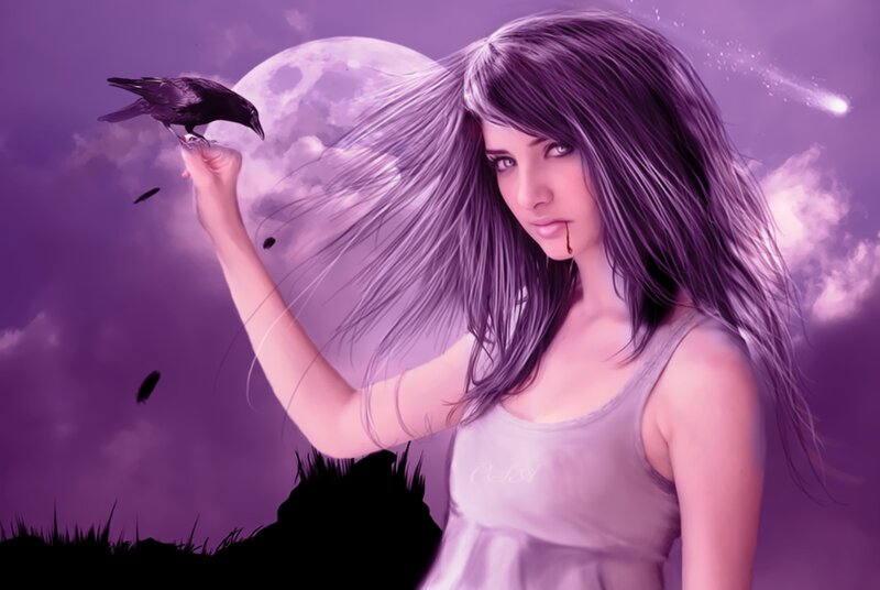 Woman with Crow — Purple, Dramatic