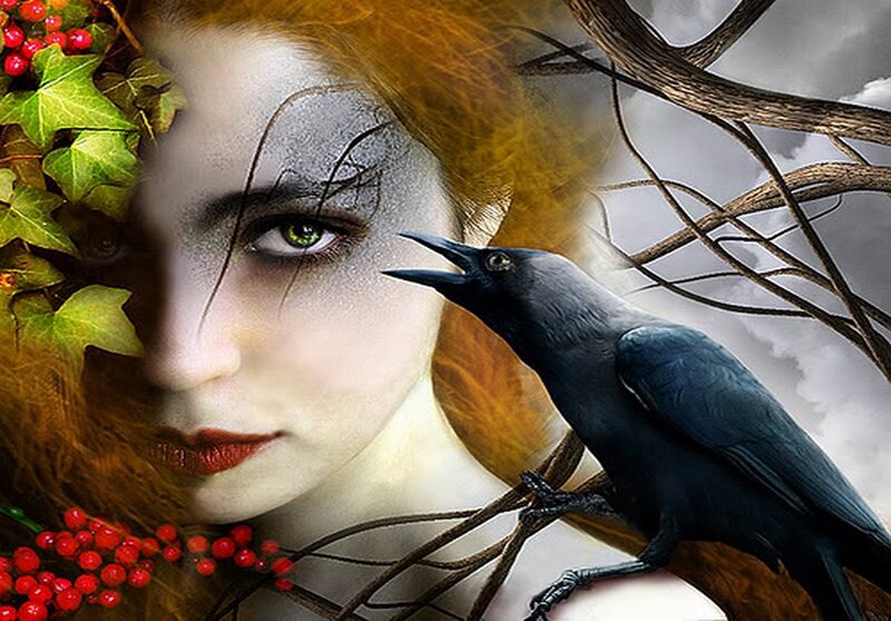 Woman with Crow — Red, Dramatic