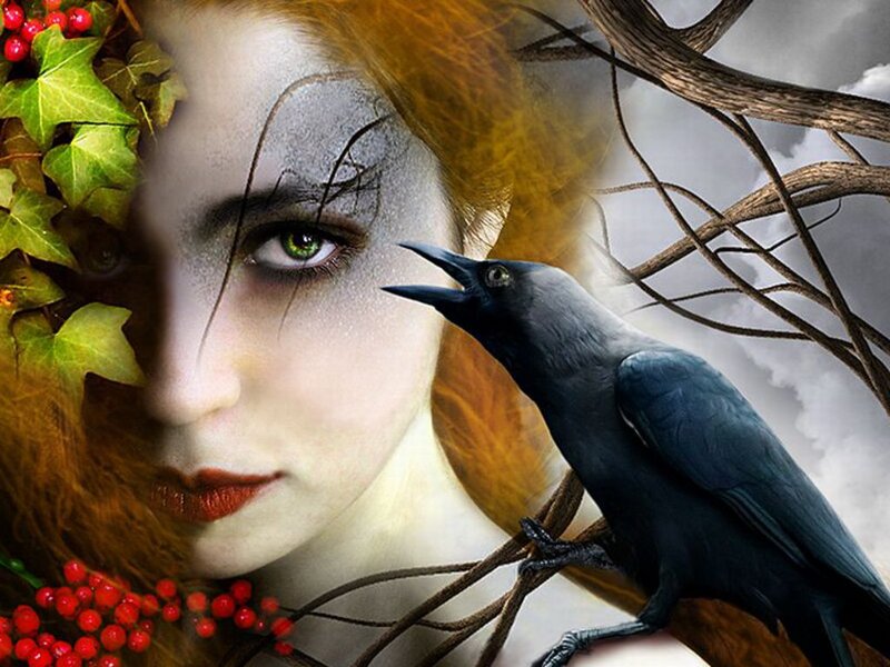 Woman with Crow — Red