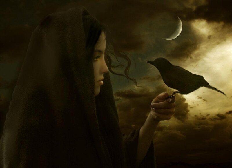 woman with crow under moon