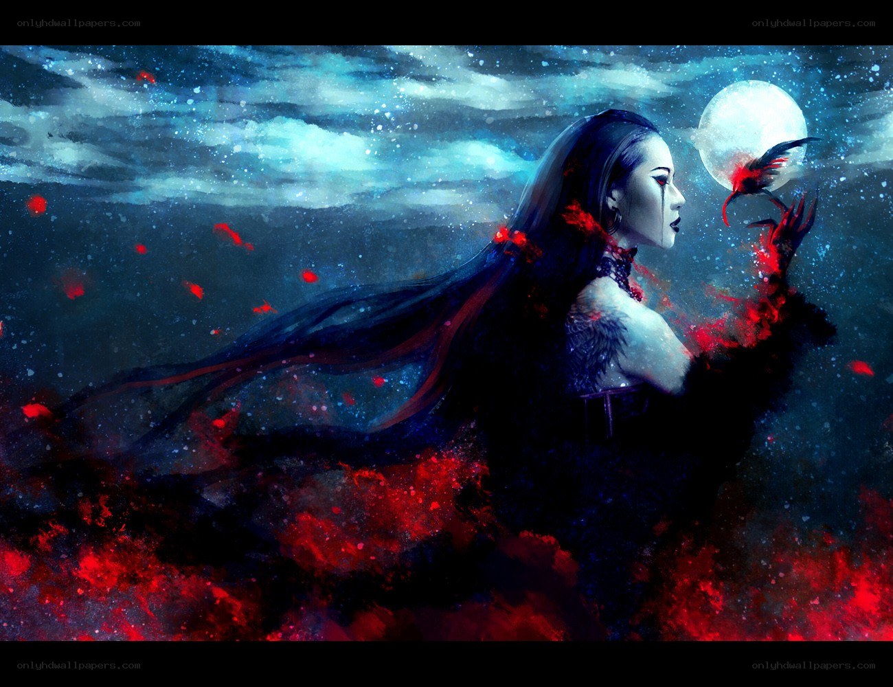woman with crow under moon