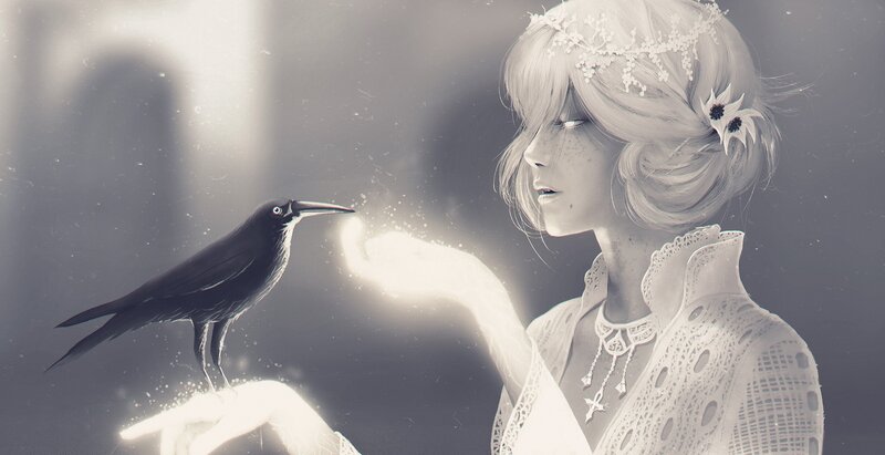Woman with Crow — White, Serene