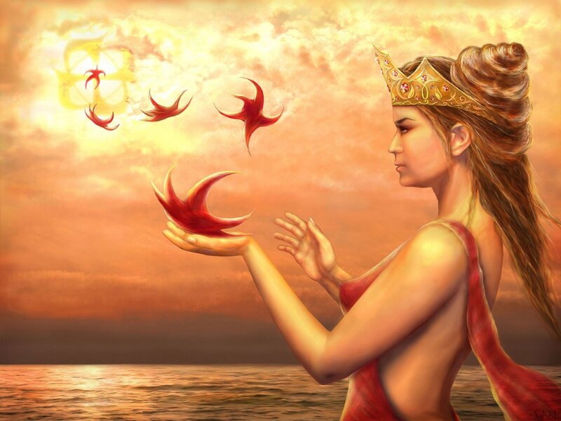 woman with crown and birds